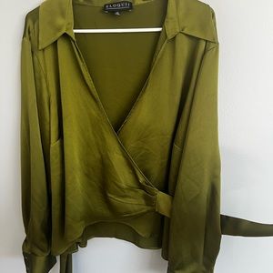 Eloquii Olive Satin Wrap Collared Long Sleeve Top Blouse 22